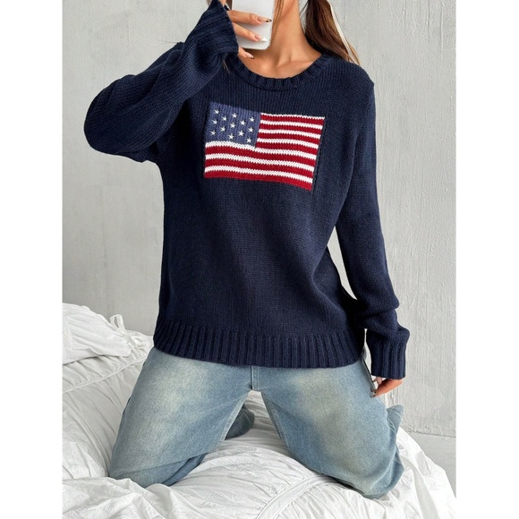 American Flag Knit Navy Blue Pullover Sweater Crew Neck Long Sleeve Drop Shoulde - Picture 5 of 8